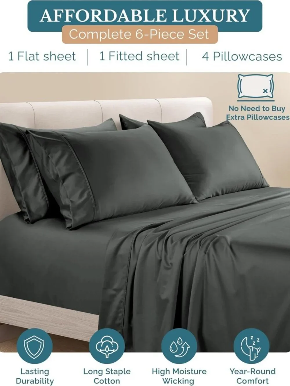 Silky Sateen Queen Size Sheet Set, 500 Thread Count, Deep Pocket, Soft & Cozy